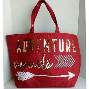 Olive & Hill Adventure awaits red burlap tote